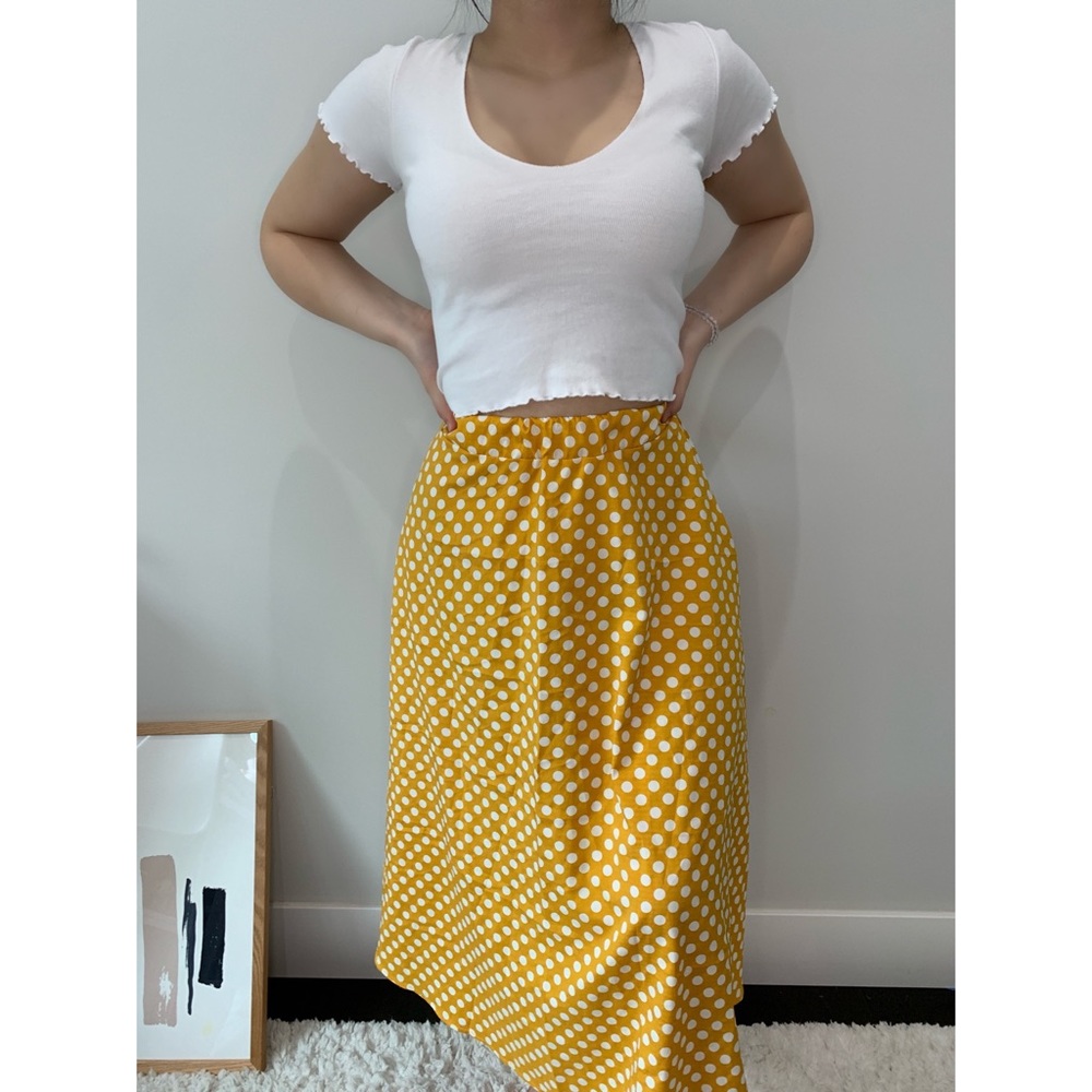 yellow and white polka dot midi skirt